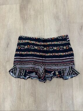 LOFT Black Floral Border Ruffle Shorts